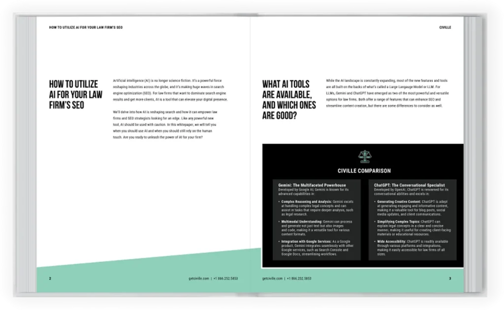 Two-page magazine spread discussing AI tools for law firm SEO, with text and a comparison chart on a white and teal background.
