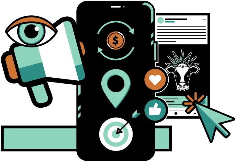 Illustration of a smartphone with marketing icons, social media elements, and a megaphone.