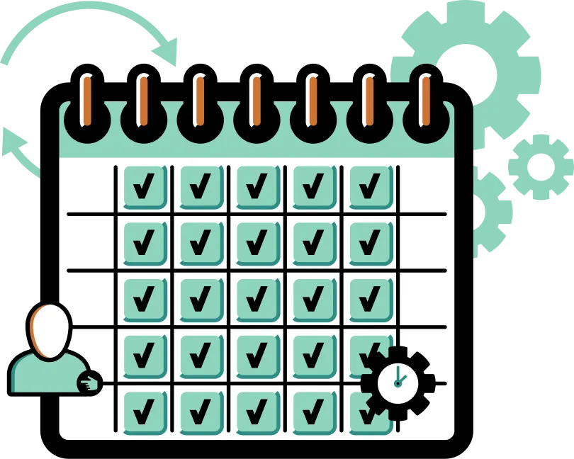 Illustration of a calendar with all dates checked, surrounded by gears and a person icon.