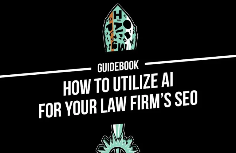 Cover image with text "Guidebook: How to Utilize AI for Your Law Firm's SEO" on a black background with abstract, colorful graphic elements.