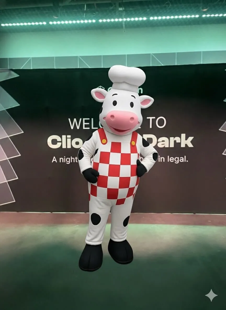 Mascot dressed as a cow wearing a red and white checkered apron and chef's hat, standing indoors.