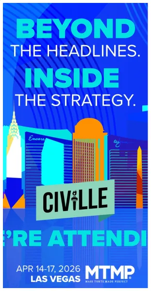 Promotional graphic with Las Vegas skyline and text about attending MTMP conference April 14-17, 2026.