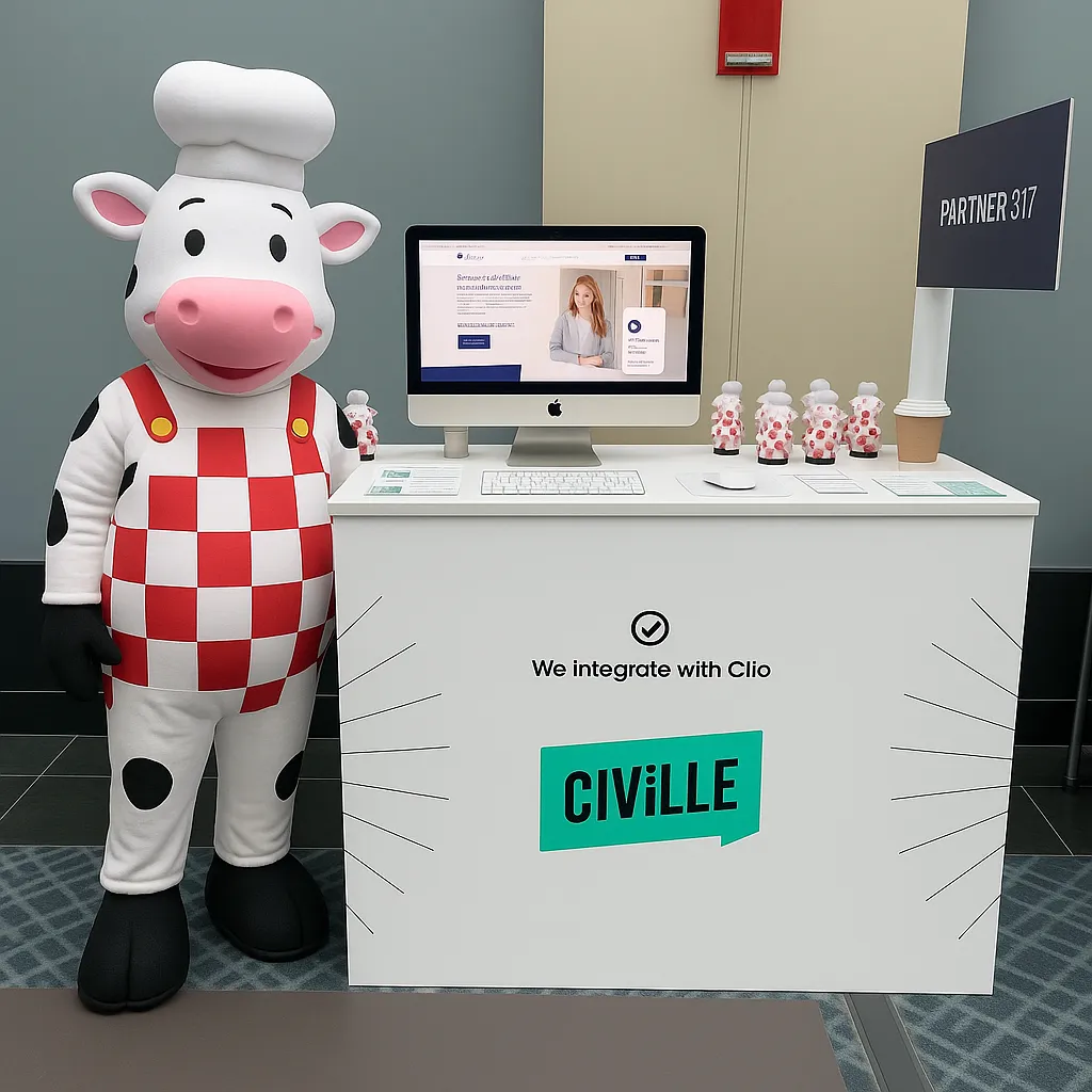 Exhibit booth with a cow mascot in red checkered outfit, computer, and Civille branding.