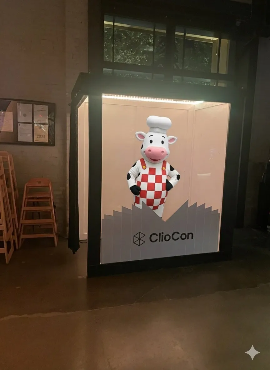 Display case illuminated from above featuring a cow mascot wearing a chef hat and red checkered apron, with "ClioCon" text on the front.