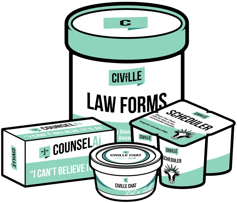 Illustration of various product containers labeled "Civille," including Law Forms, Counsel AI, Civille Chat, and Scheduler, with a white and mint green color scheme.