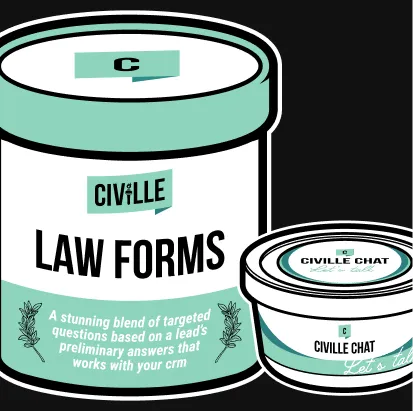 Two cylindrical containers labeled "Civille Law Forms" and "Civille Chat" against a black background.
