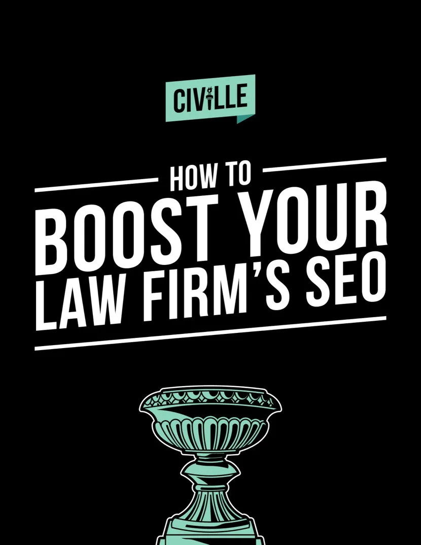 Black background with white text reading "How to Boost Your Law Firm's SEO" and a teal decorative trophy below.