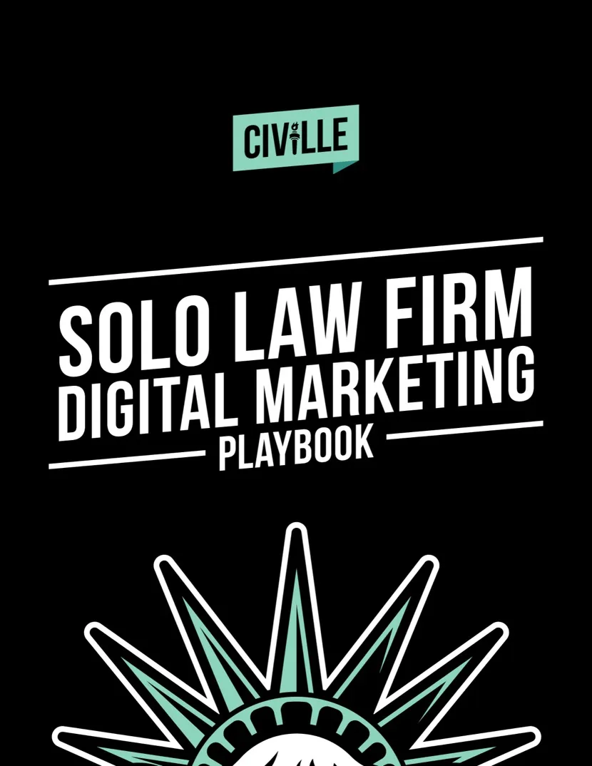 Cover image with black background featuring the text "Solo Law Firm Digital Marketing Playbook" and a partial Statue of Liberty crown graphic.