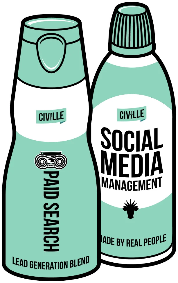 Illustration of two teal and white bottles labeled "Paid Search Lead Generation Blend" and "Social Media Management" by Civille.