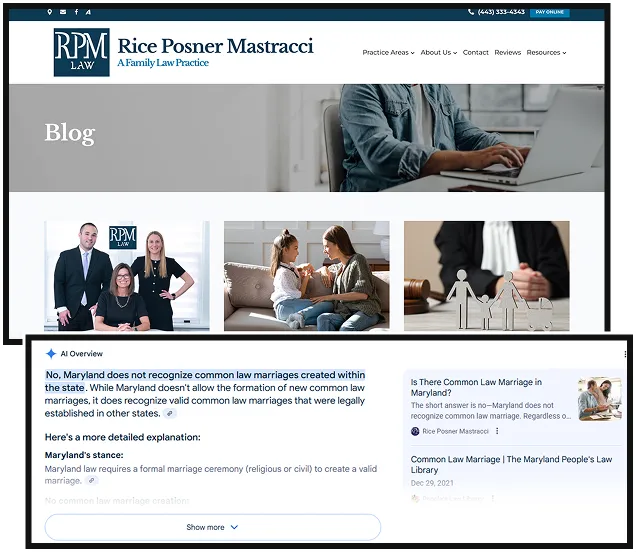 Website screenshot of Rice Posner Mastracci law firm blog page, featuring professional staff photo, family interaction, legal imagery, and text about Maryland common law marriage.
