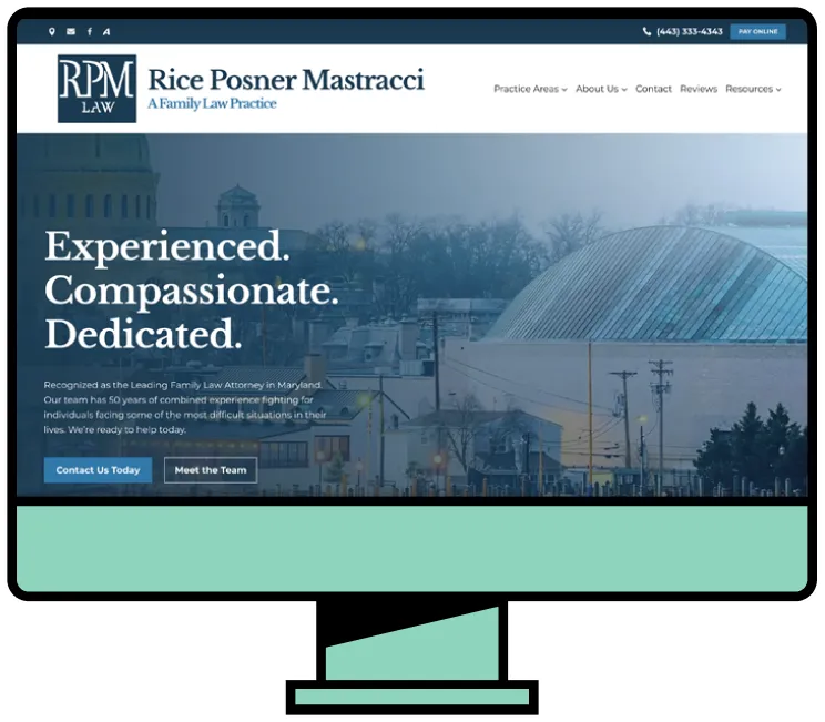 Computer monitor displaying Rice Posner Mastracci law firm homepage with blue and white color scheme.