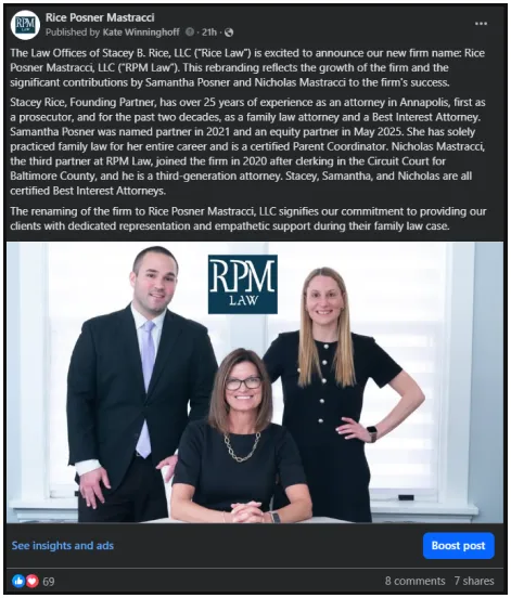 Three professionally dressed individuals, two women and one man, posing indoors with a blue and white "RPM Law" logo in the background.