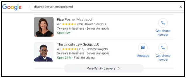 Search results for divorce lawyers in Annapolis, MD, showing two listings with names, ratings, photos, and contact options.