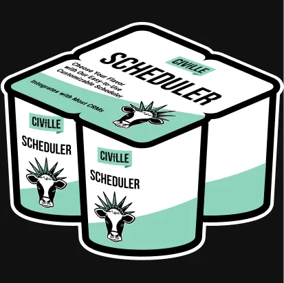 Illustration of a three-container package labeled "Civille Scheduler" with a cow's head and Statue of Liberty crown.