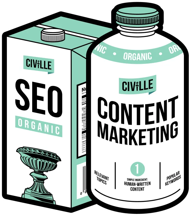 Illustration of two teal and white product containers labeled "SEO Organic" and "Content Marketing" with marketing-related text.
