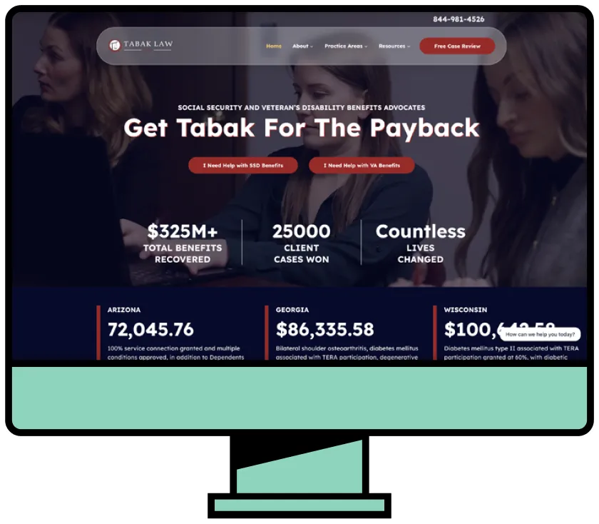 Website homepage of Tabak Law with dark background, three women, and text about social security benefits.