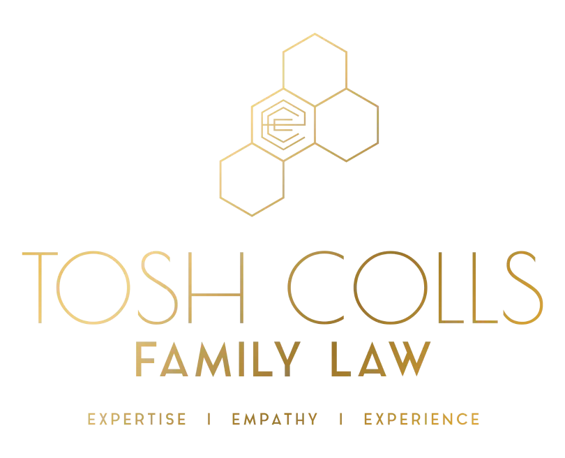 Logo with gold hexagons and text "Tosh Colls Family Law" and tagline "Expertise | Empathy | Experience" on black background.