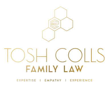 Logo with gold hexagonal design and text "Tosh Colls Family Law" on black background.
