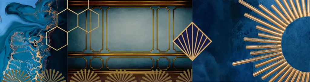 Abstract blue and gold geometric patterns with hexagons and sunburst motifs on textured backgrounds.