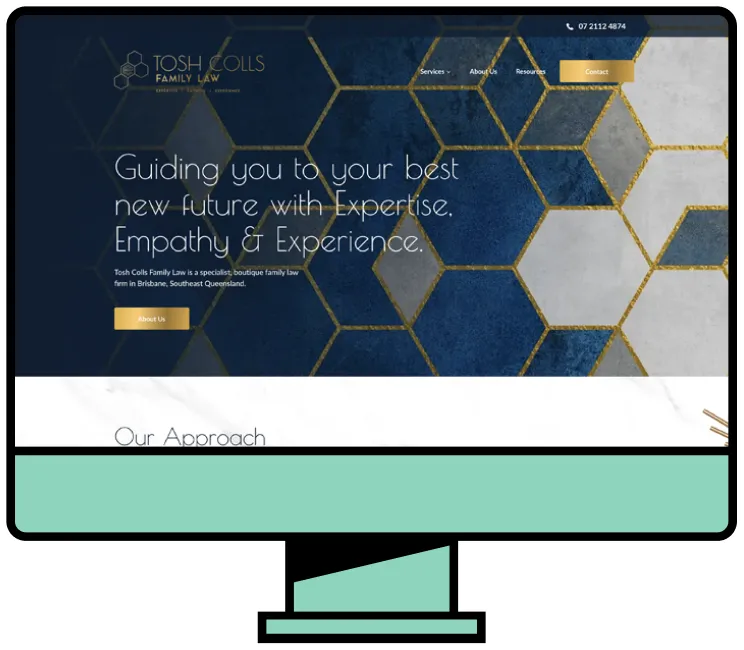 Website homepage of Tosh Colls Family Law with blue and gold hexagonal design and text about expertise and empathy.