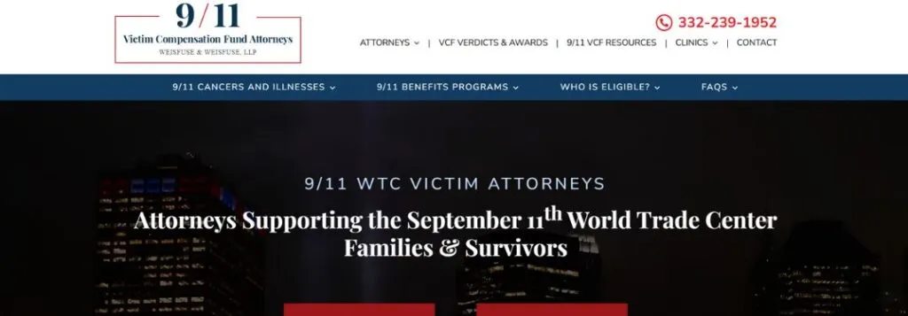 9/11 Victims Attorneys Website Homepage with Text