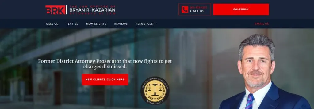 Bryan Kazarian Law Website Homepage with Attorney Photo and Text