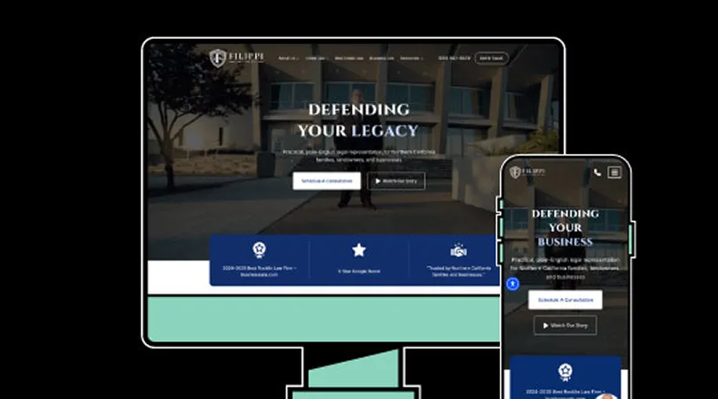 Website homepage displayed on desktop and mobile screens featuring law firm branding and text "Defending Your Legacy" and "Defending Your Business.
