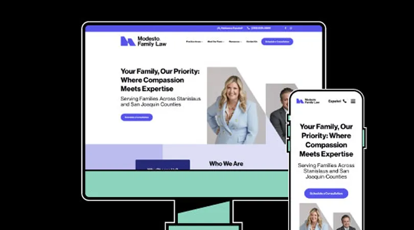 Website homepage of Modesto Family Law displayed on a desktop and mobile screen, featuring a professional woman, text about compassionate family legal services, and a blue consultation button.