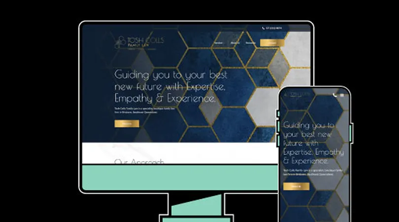 Website homepage displayed on desktop and mobile screens with blue and gold hexagonal pattern background.