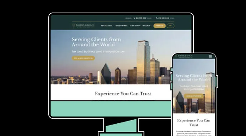 Website homepage displayed on computer and smartphone screens, featuring city skyline, text about client services, and professional design.