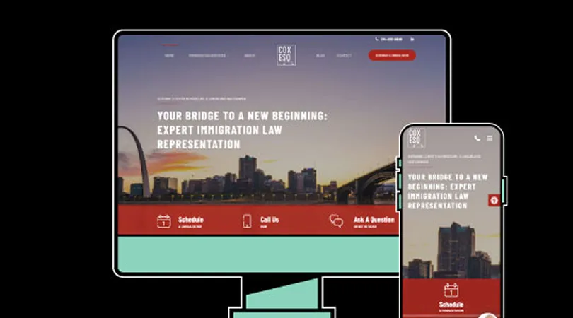 Website homepage for immigration law services displayed on desktop and mobile devices, featuring city skyline background and contact options.