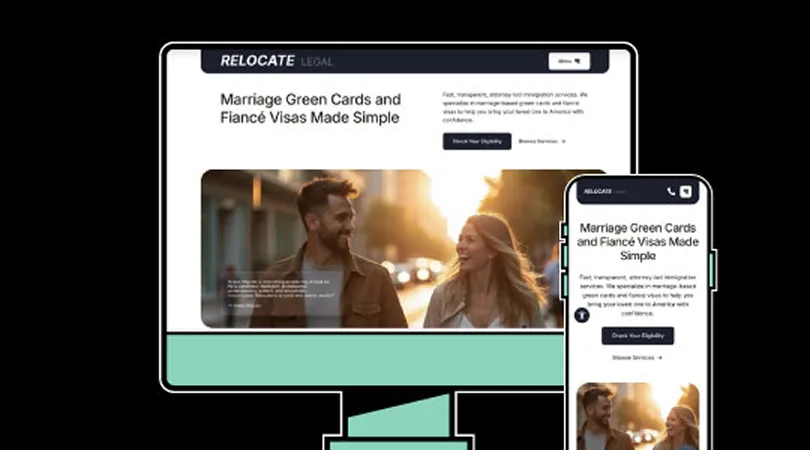 Website homepage displayed on desktop monitor and smartphone, featuring a smiling couple and text about marriage green cards and fiancé visas.