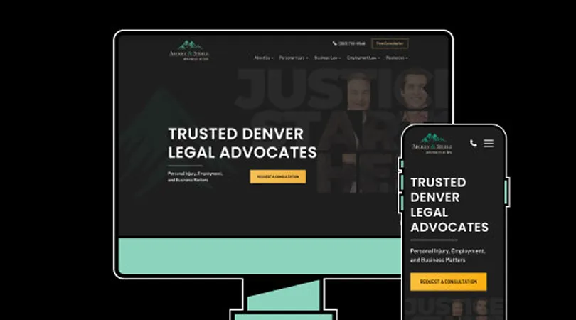 Screenshot of a legal advocacy website displayed on desktop and mobile screens with dark background and teal accents.