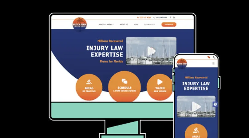 Website homepage for injury law expertise displayed on desktop and mobile screens with navy blue and orange color scheme.
