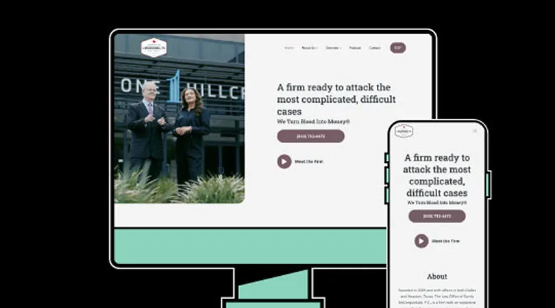 Website homepage displayed on desktop and mobile screens featuring two professional individuals standing outside an office building.