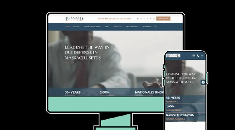 Website homepage for Bernard Law Firm displayed on desktop and mobile screens, featuring dark blue and teal colors, with text highlighting expertise in DUI defense in Massachusetts.