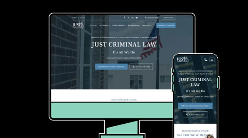 Website homepage for Just Criminal Law displayed on desktop and mobile devices, featuring blue and white color scheme with American flag background.