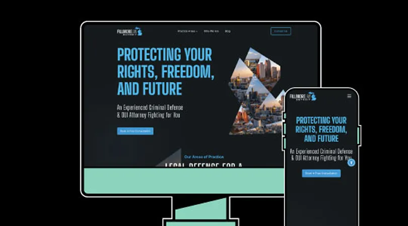 Website homepage for a criminal defense attorney displayed on desktop and mobile screens, featuring blue and white text on a dark background.
