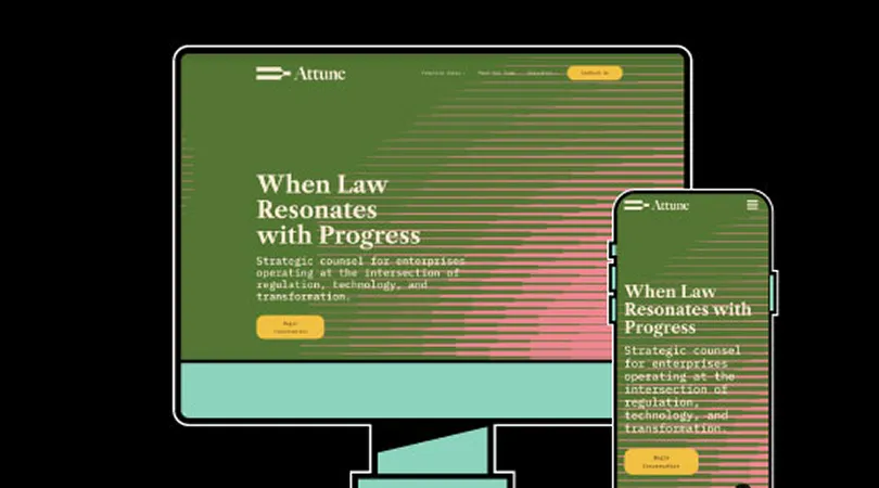 Website homepage displayed on computer and smartphone screens, featuring green and pink gradient background with white and yellow text about legal strategy services.