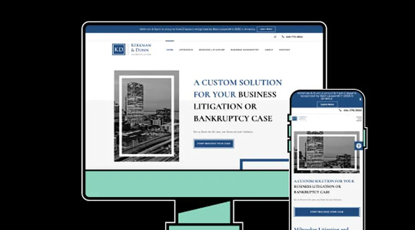 Website homepage for Kirkman & Dunn law firm displayed on computer and smartphone screens.