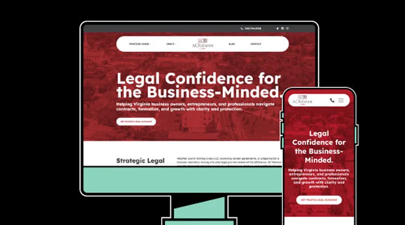 Website homepage displayed on desktop and mobile screens with red and white legal services branding.