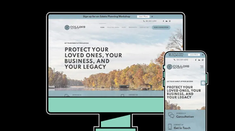 Website homepage displayed on desktop and mobile screens featuring autumn lake scenery and text about protecting loved ones, business, and legacy.