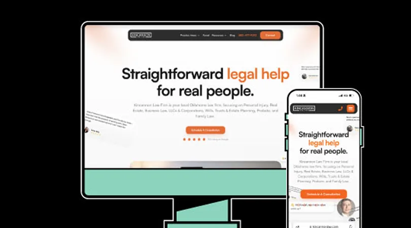 Website homepage displayed on desktop and mobile screens with the text "Straightforward legal help for real people" in black and orange.