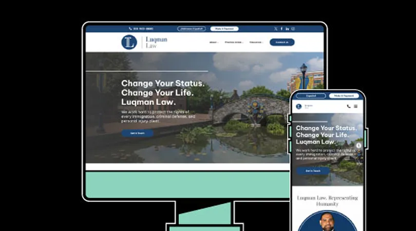 Computer monitor and smartphone displaying Luqman Law website with text "Change Your Status. Change Your Life." and a scenic bridge background.
