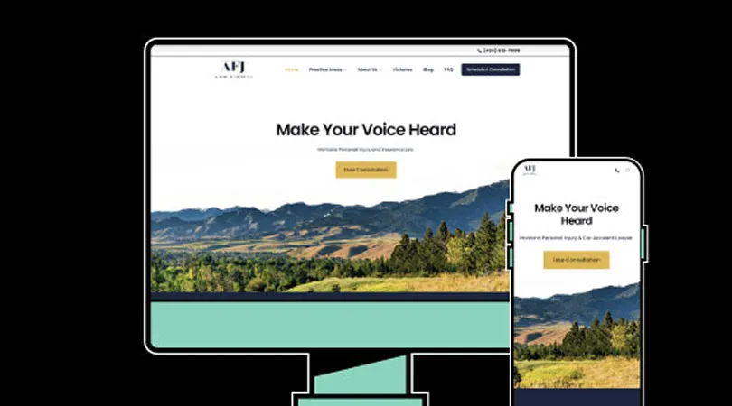 Website homepage displayed on desktop and mobile screens, featuring mountain landscape and text "Make Your Voice Heard.
