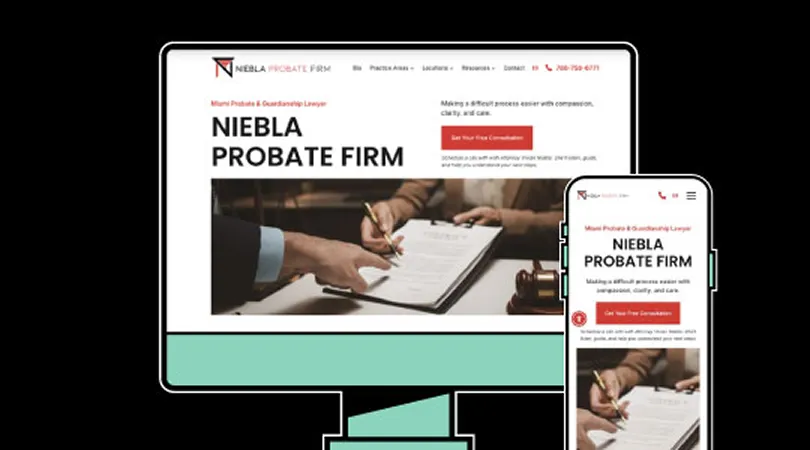 Website homepage of Niebla Probate Firm displayed on desktop and mobile, showing legal document signing.
