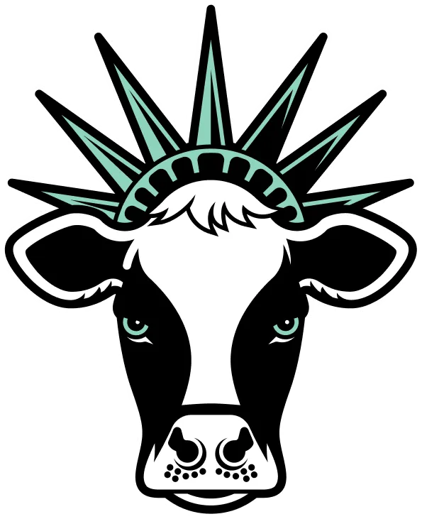 Illustration of a black and white cow head wearing a green Statue of Liberty crown.