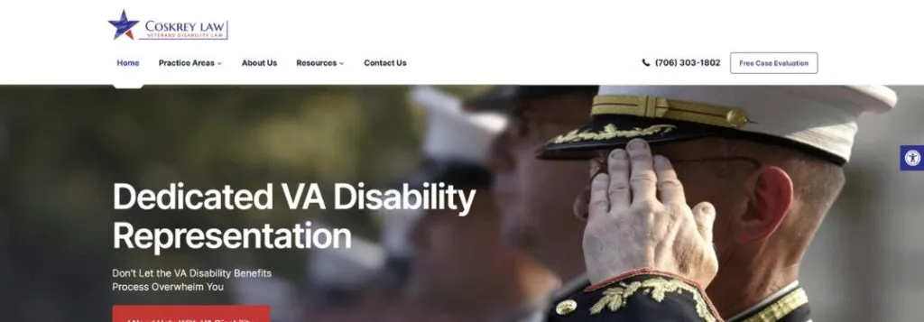 Coskrey Law Firm Website Homepage with Military Member and Text