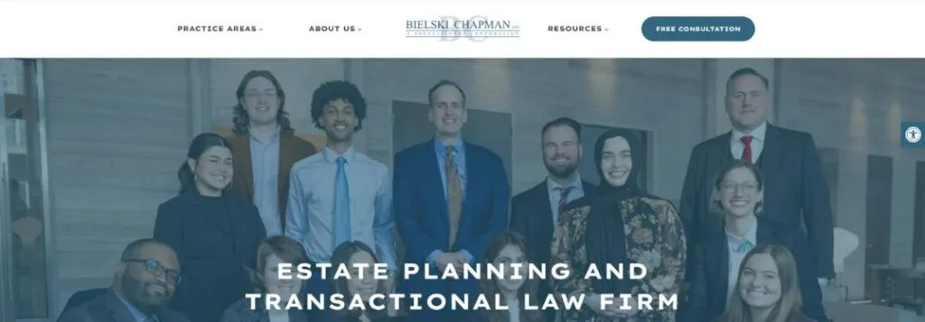 Bielski and Chapman Homepage with Legal Team in Blue and Text