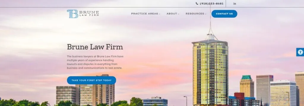 Brune Law Firm Homepage with Skyline at Sunset